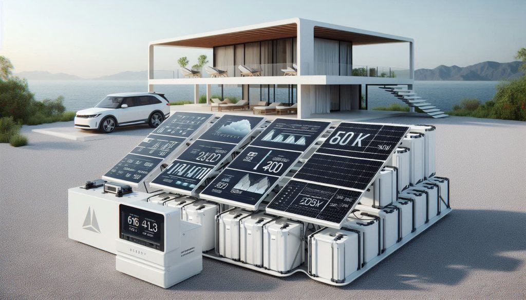 Portable solar system architecture with white panels, batteries, and inverter sized for off-grid luxury use.