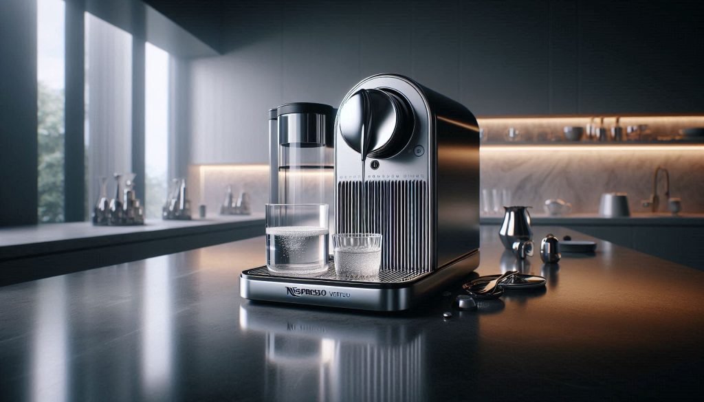 Nespresso Vertuo Next after descaling with clear rinse water in a luxury kitchen environment