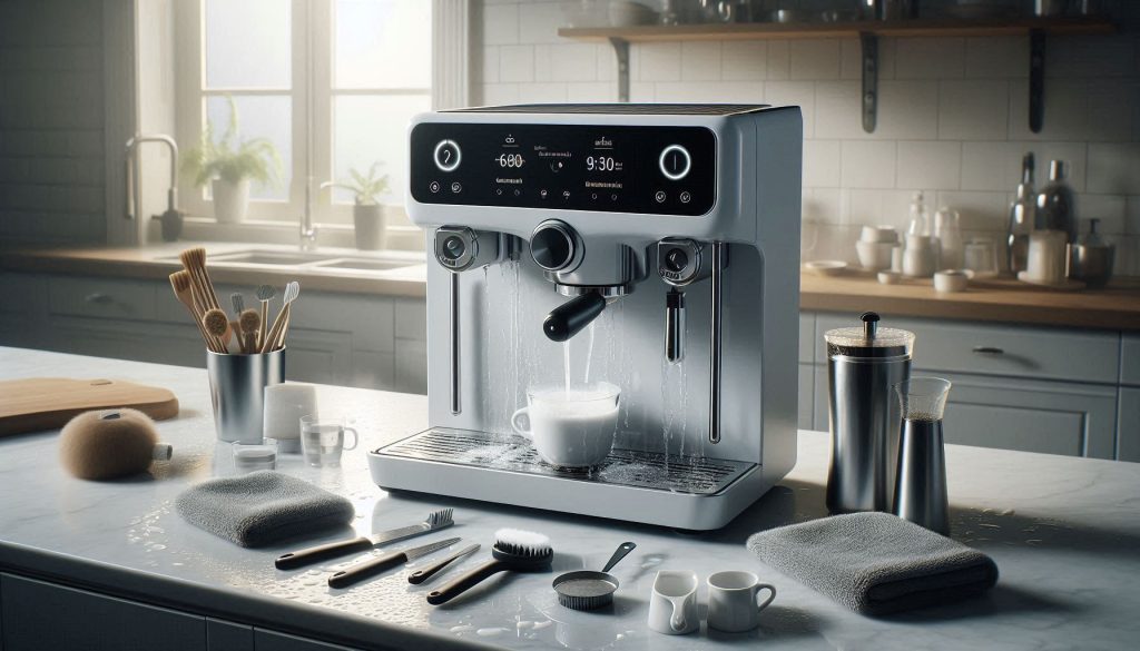 White smart coffee machine in a modern kitchen being flushed and checked after descaling with cleaning tools nearby.