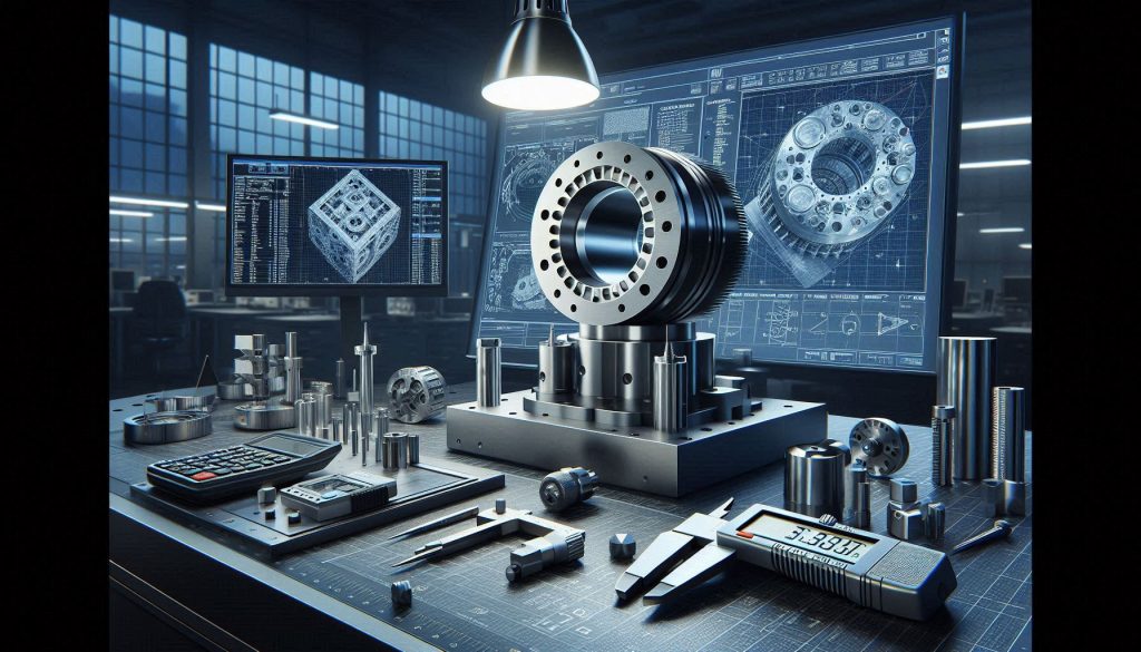 hyper-realistic scene of precision engineering tools measuring luxury steel components with CAD and performance data.