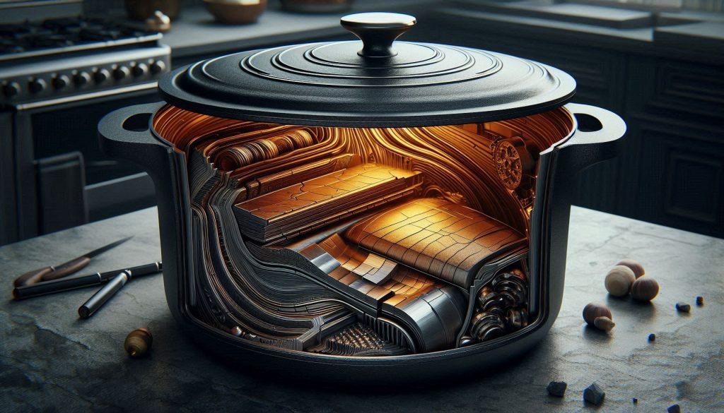cutaway view of a premium enameled cast iron dutch oven showing cast iron thickness enamel coating and lid design