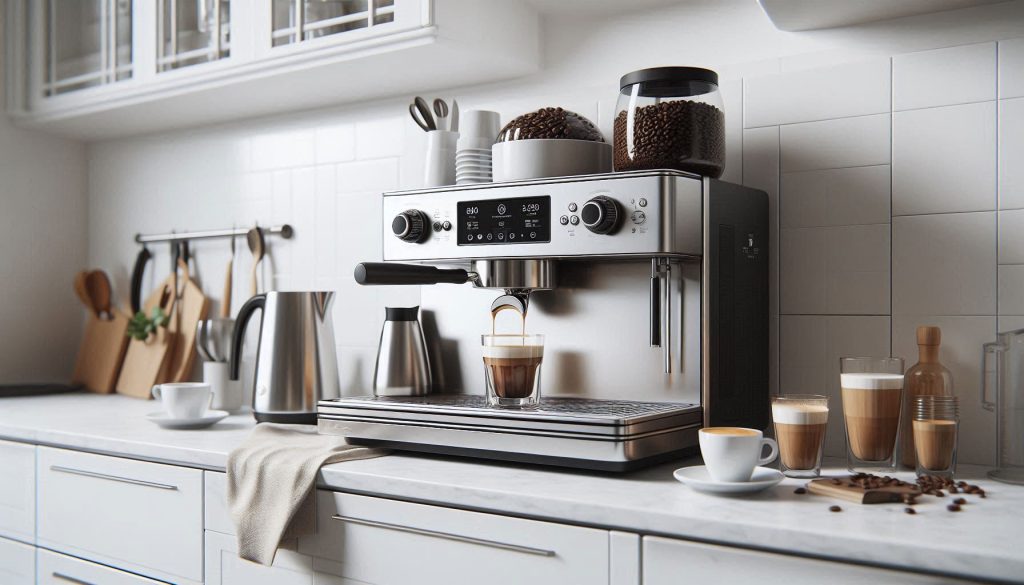 A premium espresso machine brewing espresso on a white kitchen countertop with coffee beans and milk frother nearby.