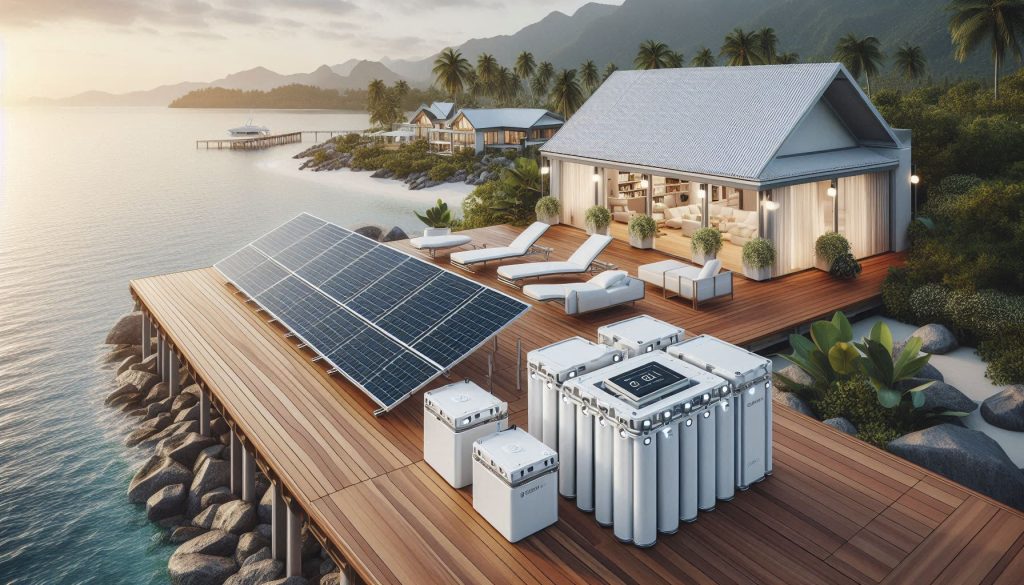 Premium portable solar panels and lithium battery system integrated for luxury off-grid living.