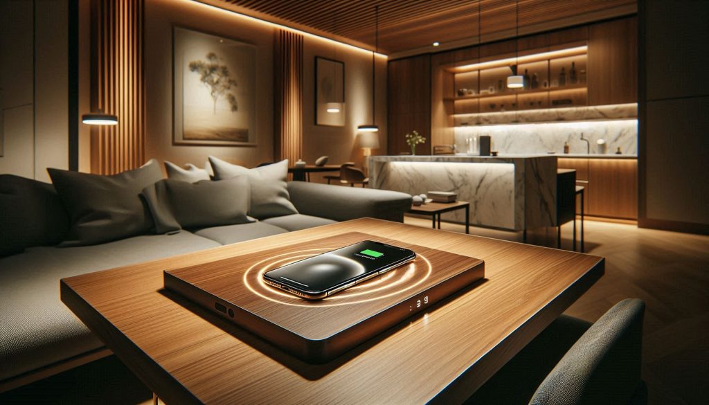 Premium Qi2 wireless charging embedded into luxury home furniture with no visible cables.
