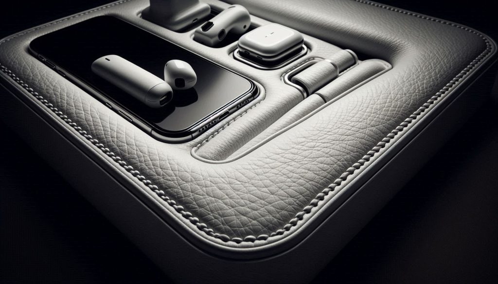 Close-up of a luxury white leather charging station showing premium full-grain leather, precise stitching, and reinforced port compartments.