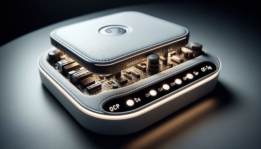 Luxury white leather charging station showing embedded electronics with overcurrent, overvoltage, short-circuit, and overtemperature protections.