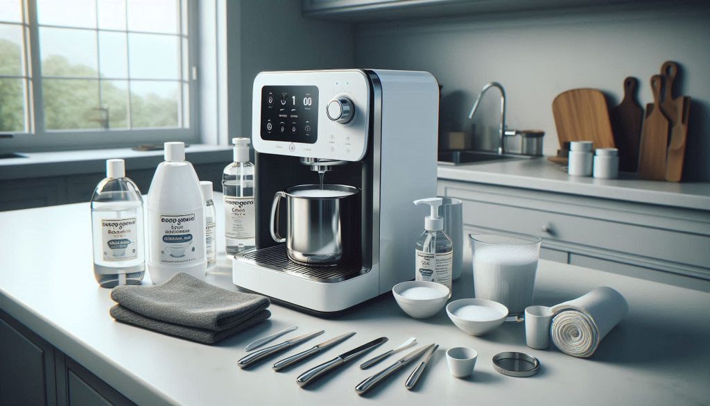 White smart coffee machine in a modern kitchen with descaling solutions, measuring tools, and microfiber cloths arranged neatly.