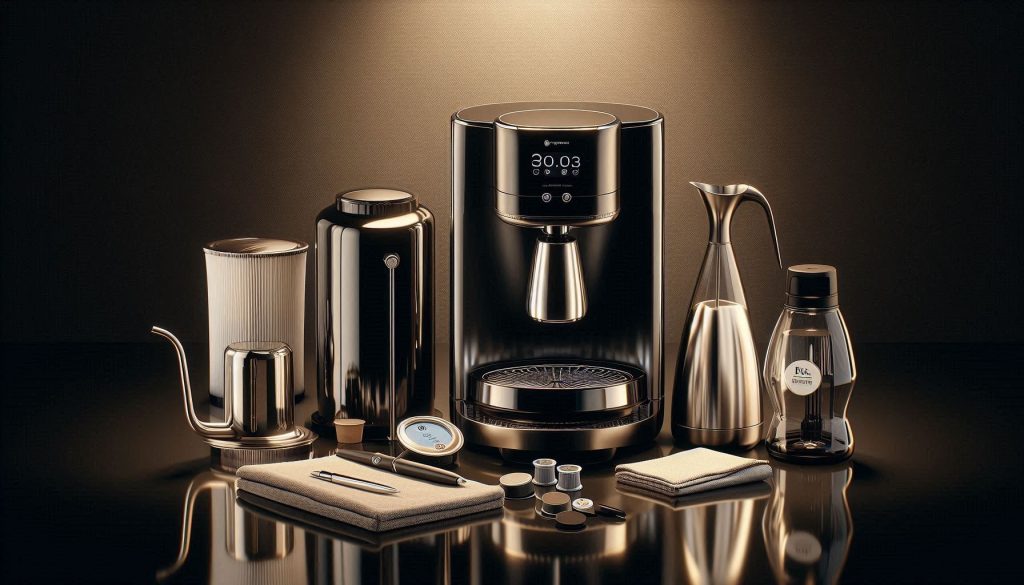 High-end Morning Machine with preventive maintenance tools: water filters, TDS meter, microfiber cloths, and a maintenance log notebook.