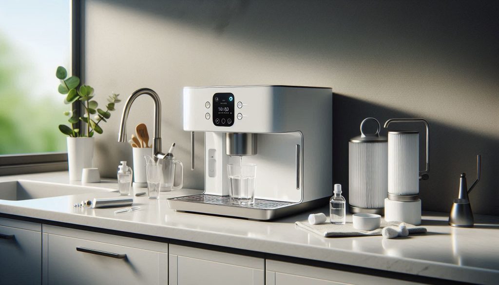 White smart coffee machine in a modern kitchen with water filtration tools, drip tray, and cleaning items arranged for preventive maintenance.