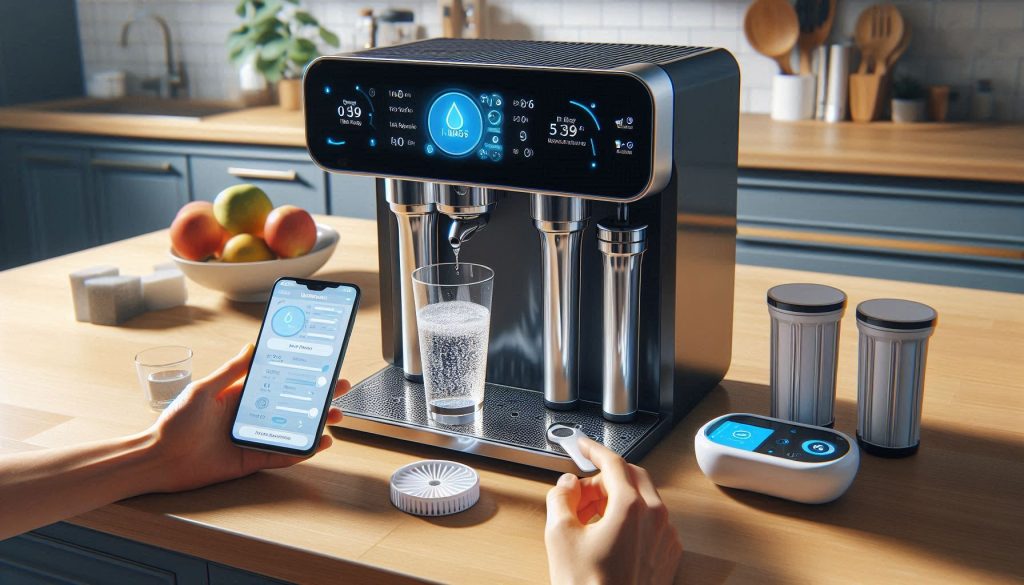 Smart coffee machine with water filter cartridges, TDS meter, and smartphone displaying maintenance reminders; hands adjusting hardness settings.