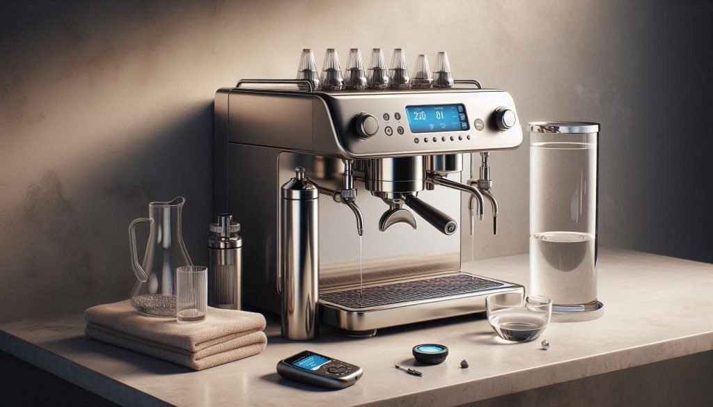 Luxury espresso machine with water filtration and maintenance tools displayed in a modern kitchen.