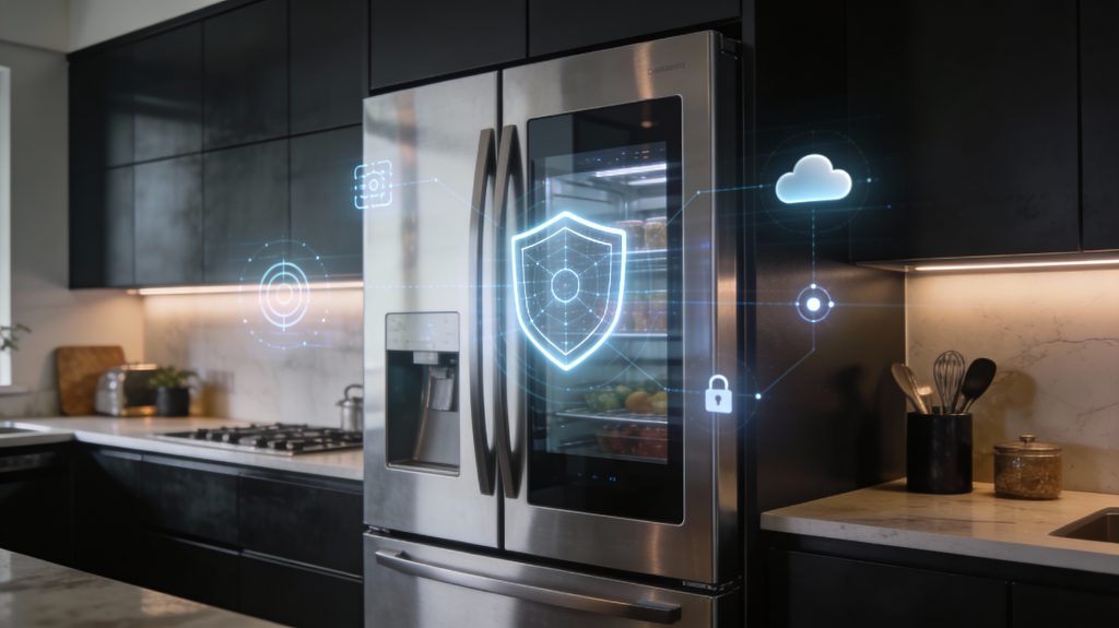 luxury smart fridge showcasing privacy security and data protection in a high end modern kitchen