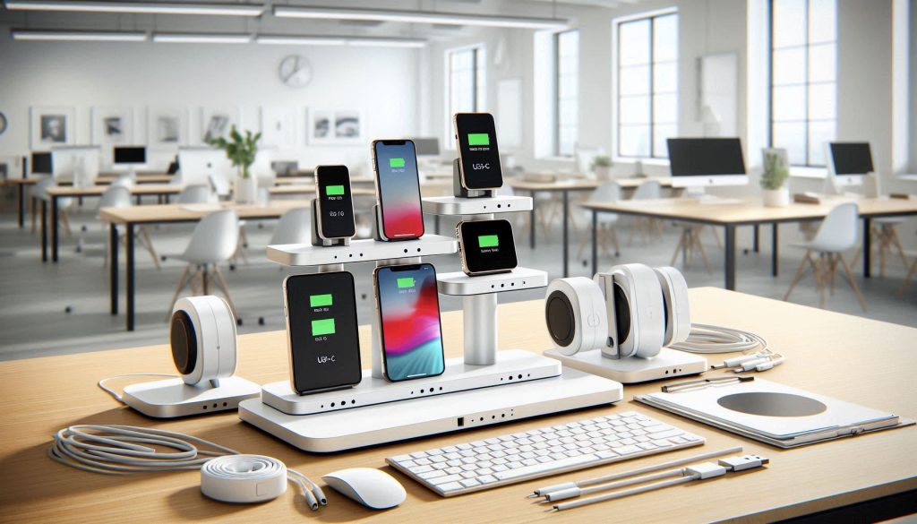 White 3-in-1 magnetic charging stands on an office desk, holding phones, tablets, and earbuds, showing MagSafe and PD USB-C compliance for scaled deployment.