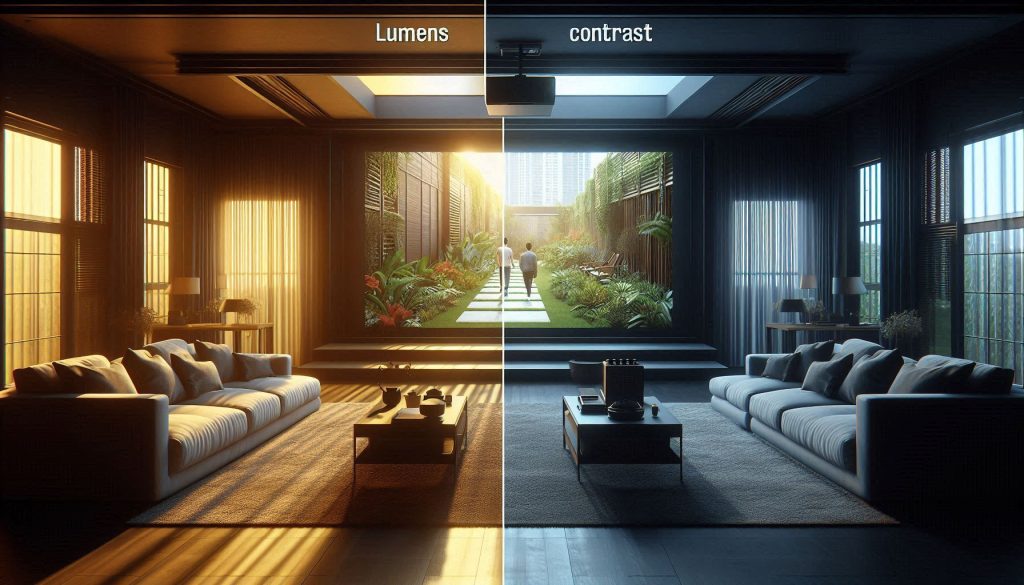 Projector brightness and contrast comparison in bright, dim, and dark rooms
