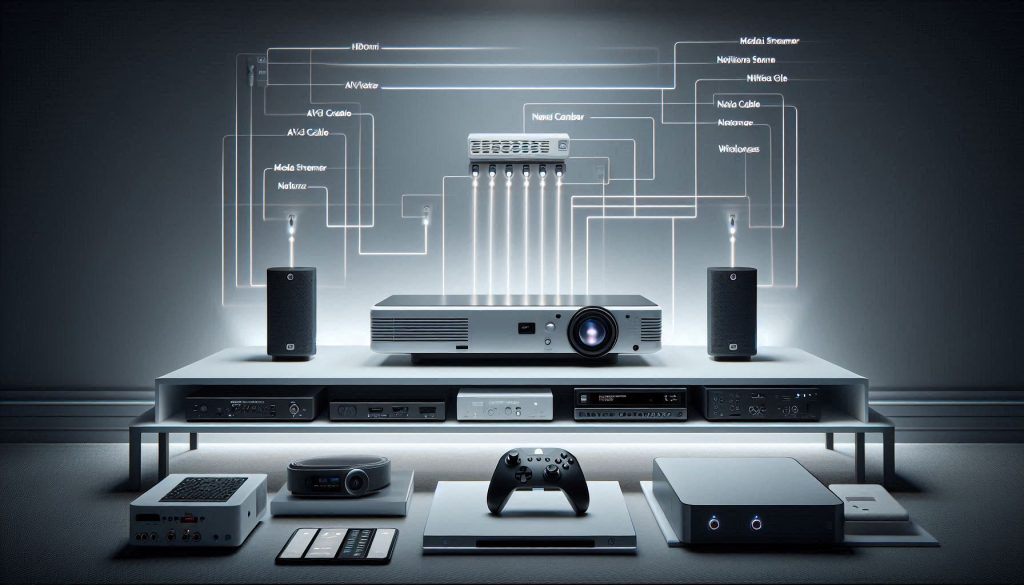 Projector connectivity and smart features integrated into a modern home theater system
