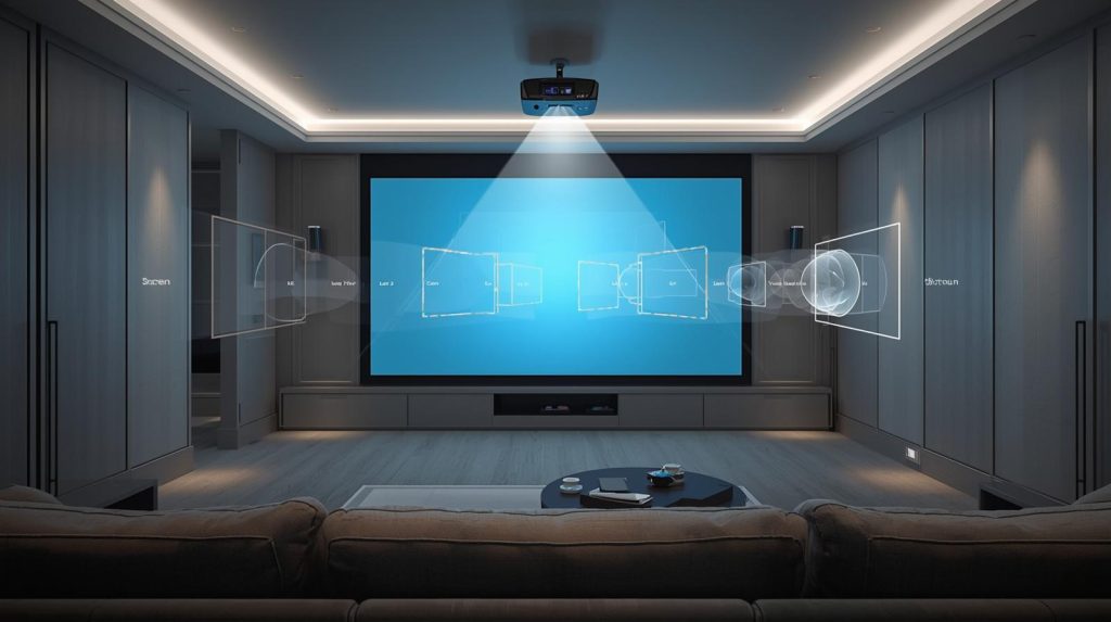 Choosing projector resolution and image size based on seating distance in a home theater