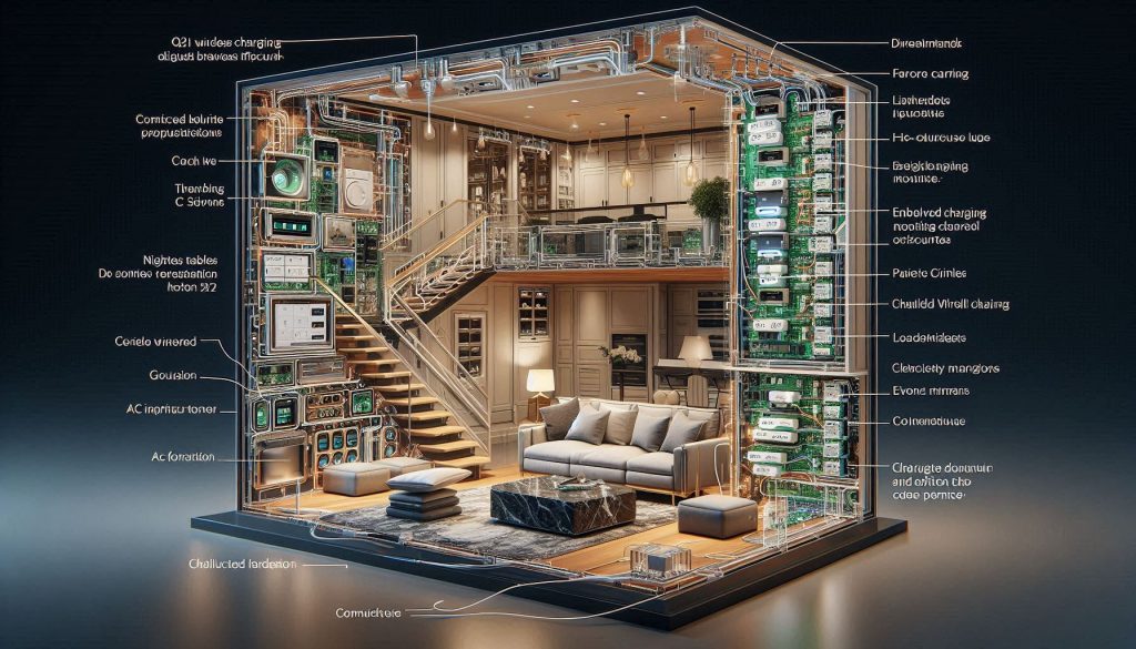 Cutaway of luxury home furniture showing embedded Qi2 charging pads with organized electrical wiring and dedicated branch circuits.