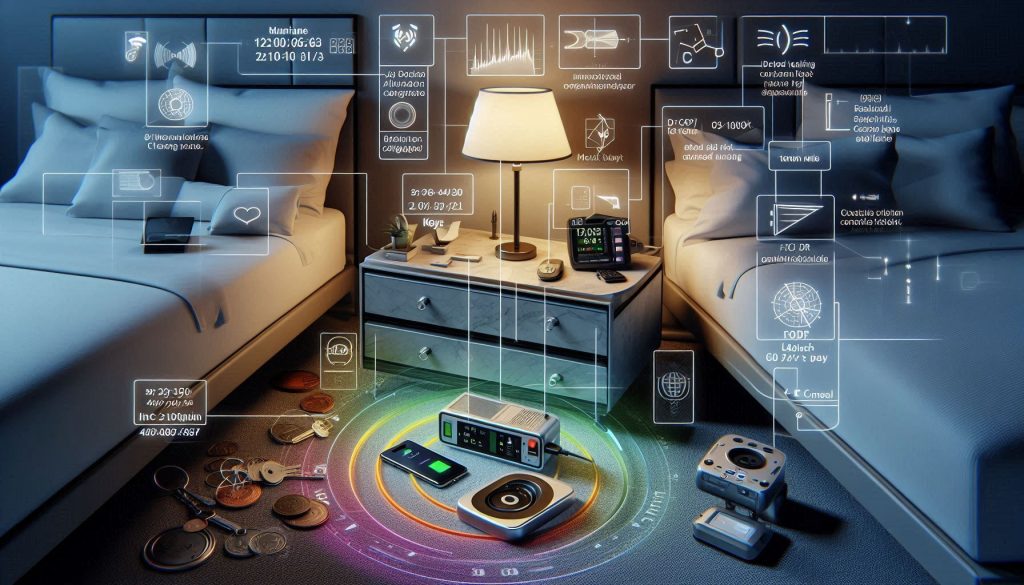 Qi2 wireless charging pad on a luxury nightstand being tested for foreign-object detection, thermal limits, and electromagnetic compliance with spectrum analyzers and thermal imaging.