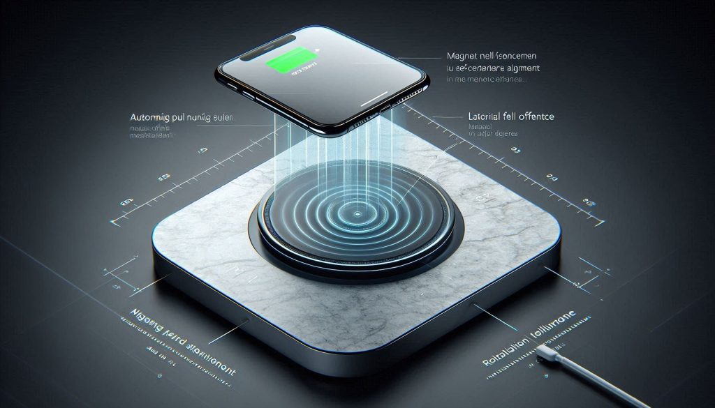 Technical visualization of Qi2 wireless charging with magnetic alignment and performance metrics.