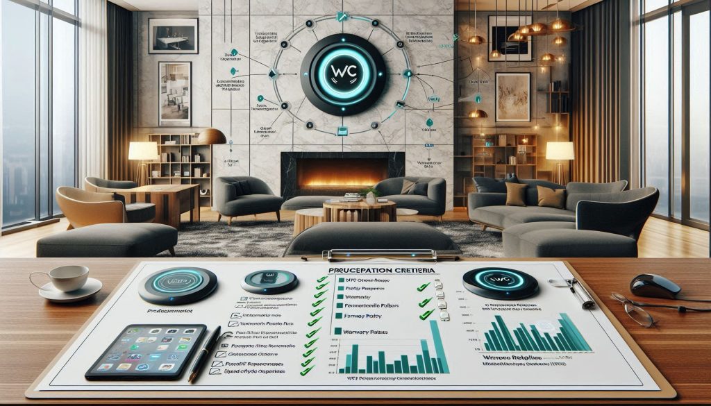 Qi2 wireless charging vendor selection checklist and lifecycle management infographic on a luxury home desk with charts, timelines, and negotiation pointers.