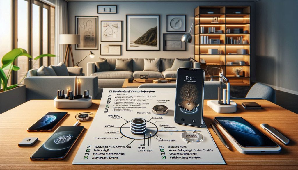 Qi2 wireless charging vendor selection and lifecycle management checklist with charts, timelines, and spare-unit visuals on a luxury home office desk.