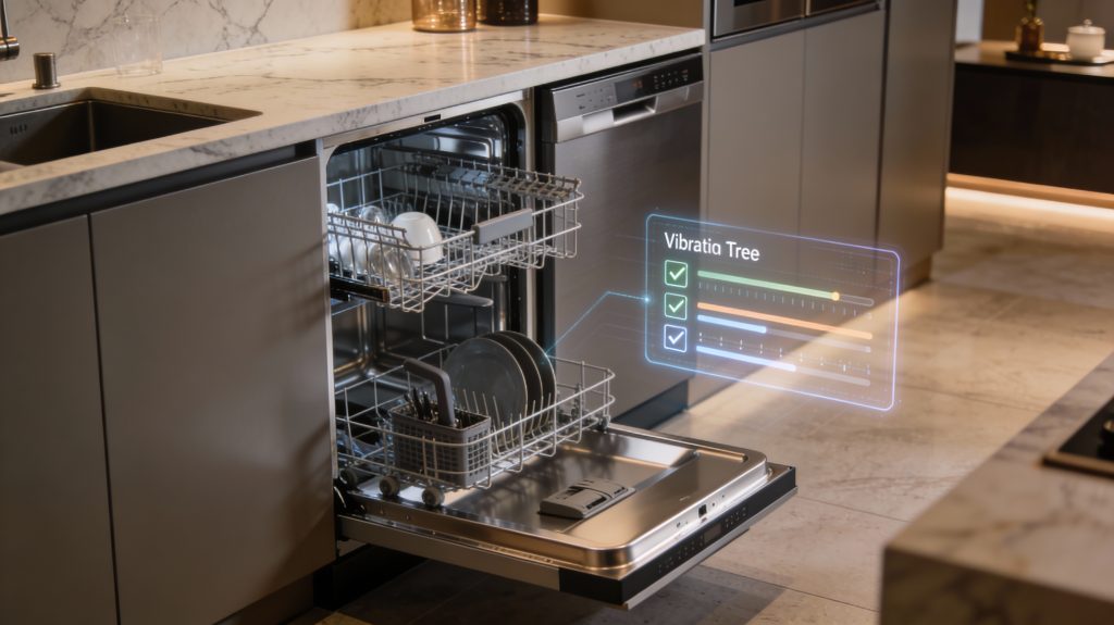 luxury smart dishwasher showroom scene illustrating a quiet performance buying checklist and decision framework