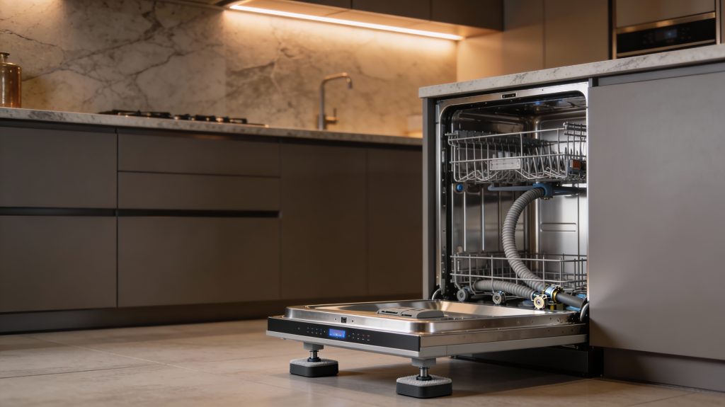 luxury smart dishwasher installation showing leveling vibration isolation and quiet maintenance practices