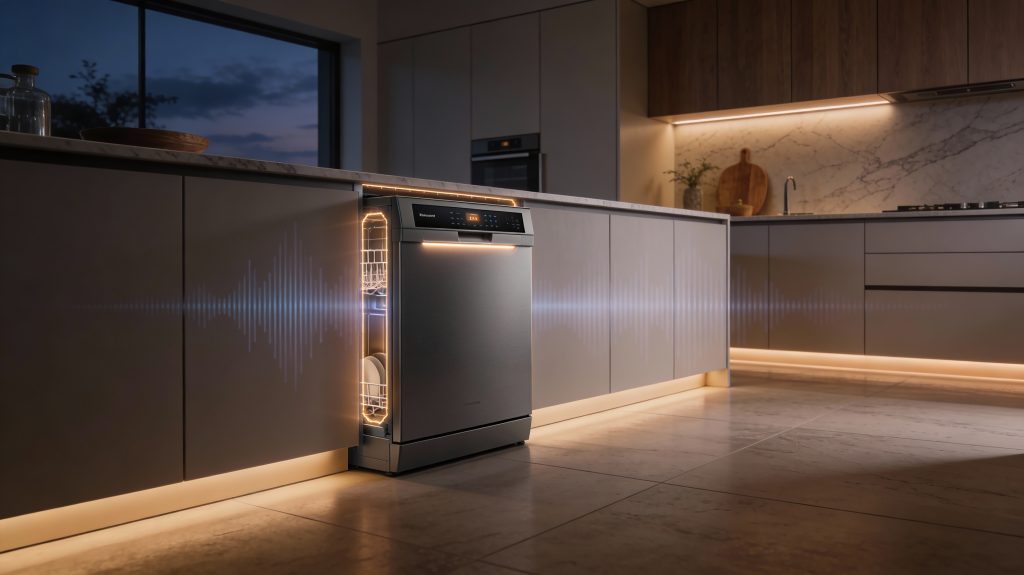 quiet smart dishwasher in a luxury open concept kitchen designed for low noise performance
