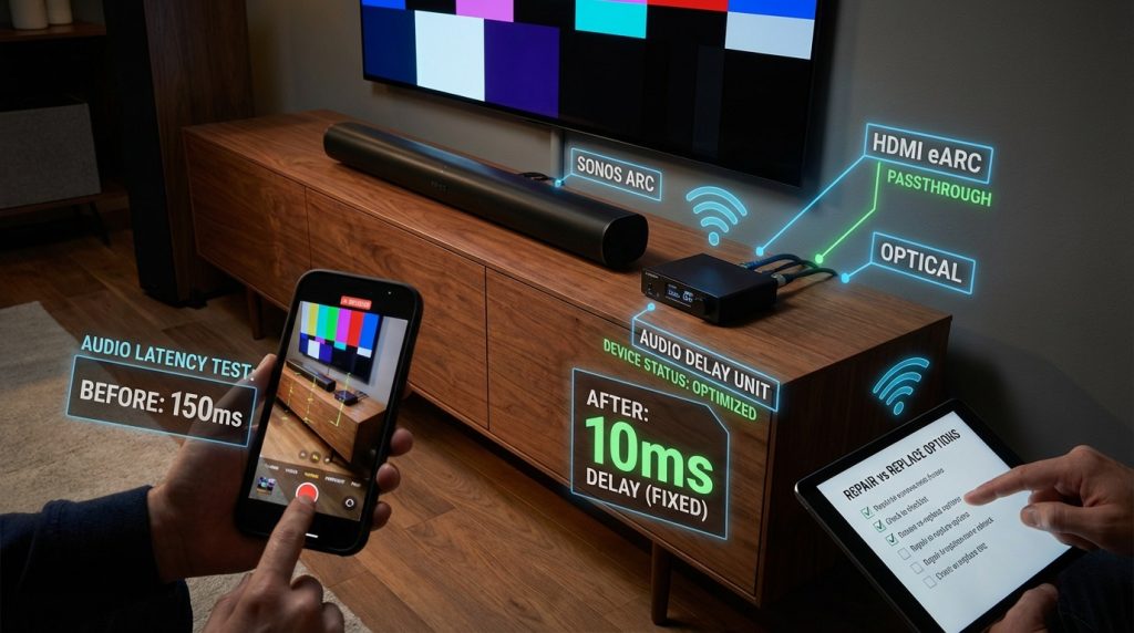 Home theater setup with TV, soundbar, and audio delay unit; user records latency tests and evaluates repair, replacement, or workarounds.