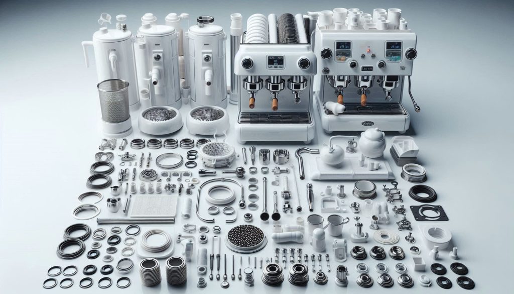 Hyper-realistic professional coffee-machine replacement parts and consumables entirely in white, including gaskets, O-rings, shower screens, portafilter baskets, pumps, solenoids, and heating elements on a glossy white workbench.