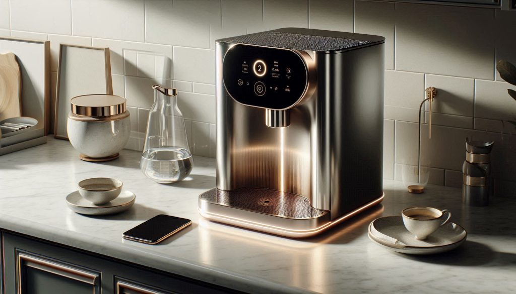 High-end smart coffee maker in a luxury kitchen setting representing resetting a descale notification.