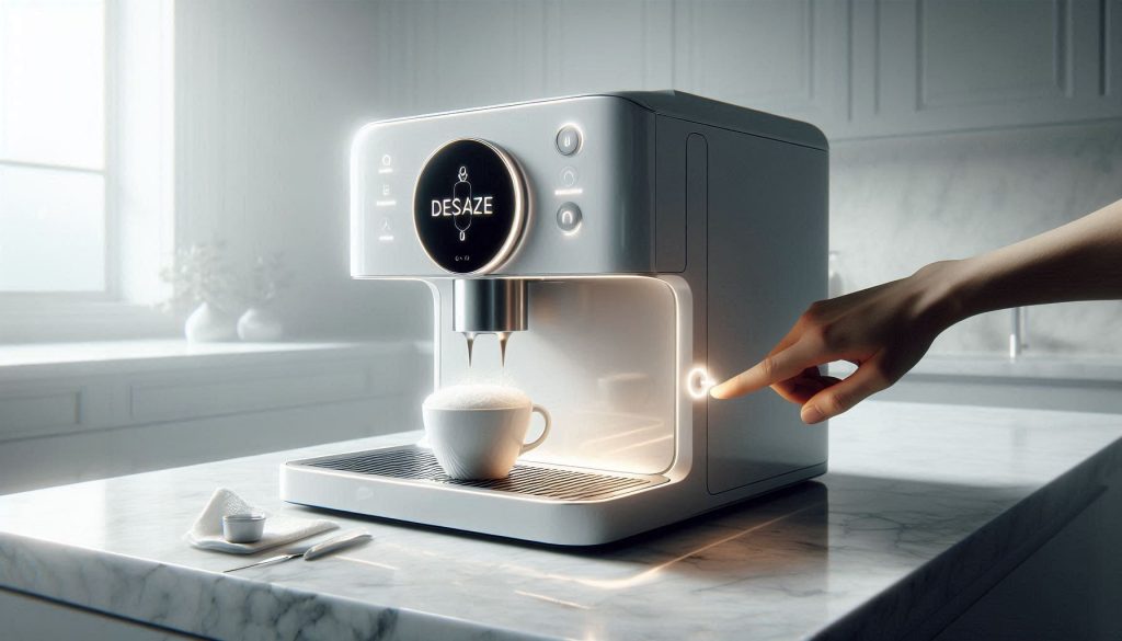 white hyper-realistic image of a smart coffee machine with an illuminated descale light during a maintenance reset process