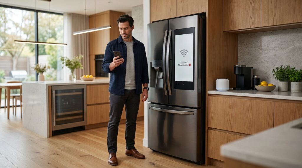 Homeowner troubleshooting a disconnected smart refrigerator.