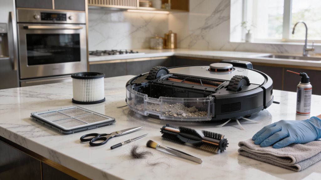 Luxury kitchen countertop with a robot vacuum disassembled, dustbin open, HEPA filter and brushes detached, hair being removed with scissors and tweezers, small brush and compressed air nearby, gloves and microfiber cloths ready.