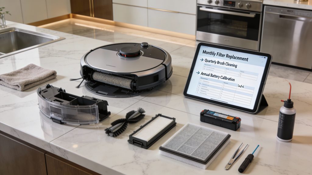 Premium robot vacuum on marble floor with removed brushes and HEPA filter on countertop, tablet showing maintenance logs, surrounded by microfiber cloths and tools in luxury kitchen.