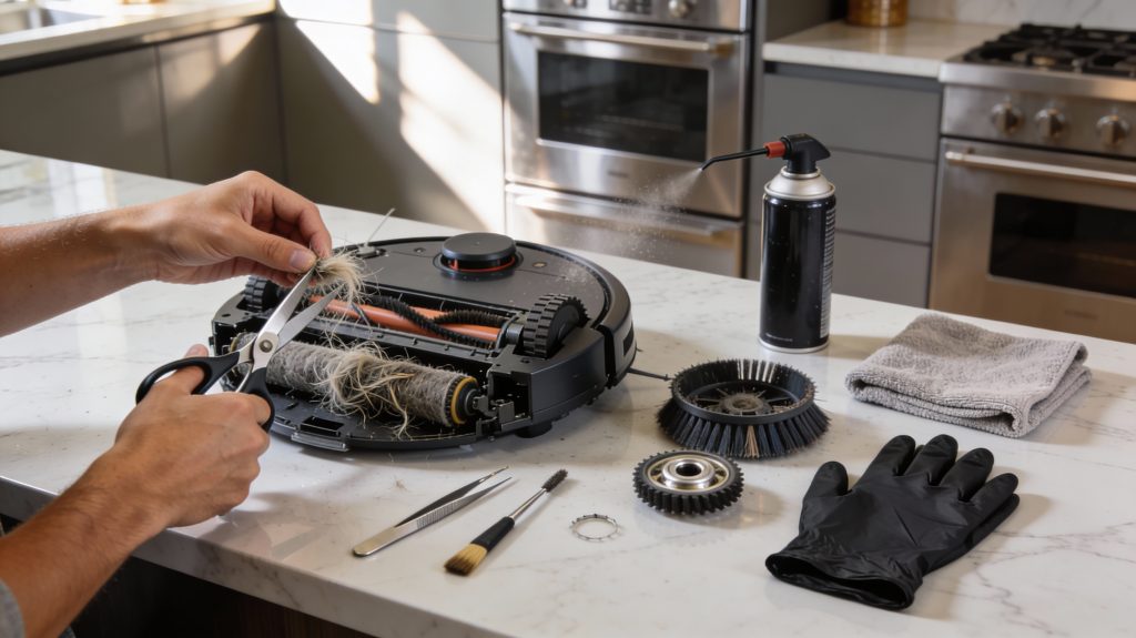 Luxury kitchen counter with a robot vacuum disassembled, main roller and side brushes removed, hair being cut and removed with scissors and tweezers, brush bearings cleaned, paintbrush and compressed air can nearby, gloves and microfiber cloths ready.