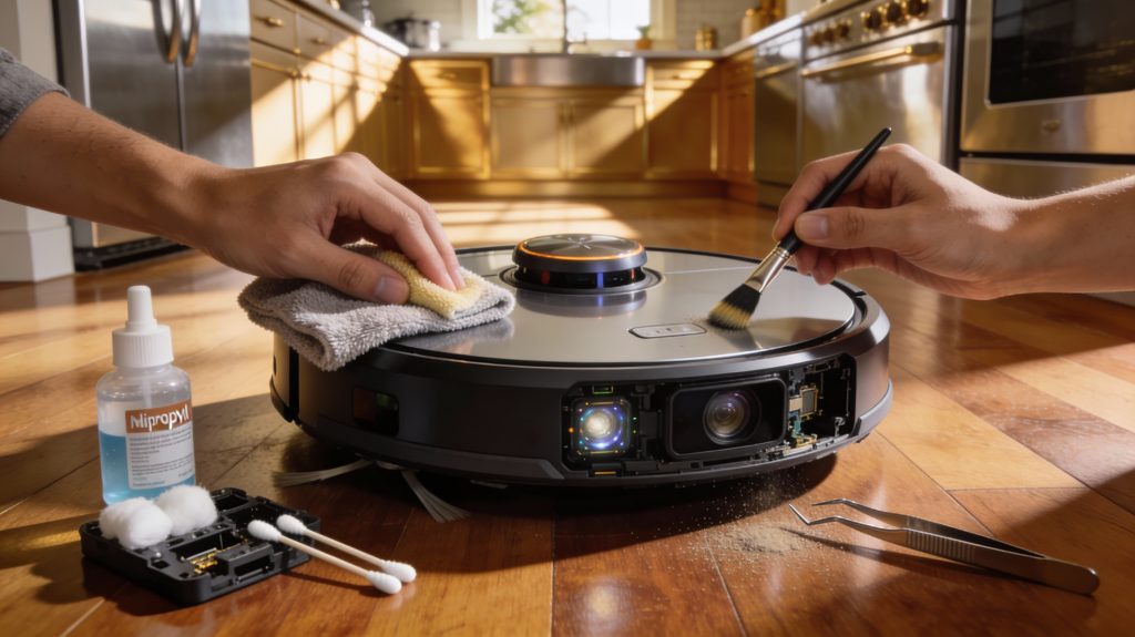 Luxury robot vacuum on polished hardwood floor, lidar dome and side sensors being cleaned with microfiber cloth and lens brush, cotton swabs and tweezers nearby, sunlight highlights premium kitchen environment.