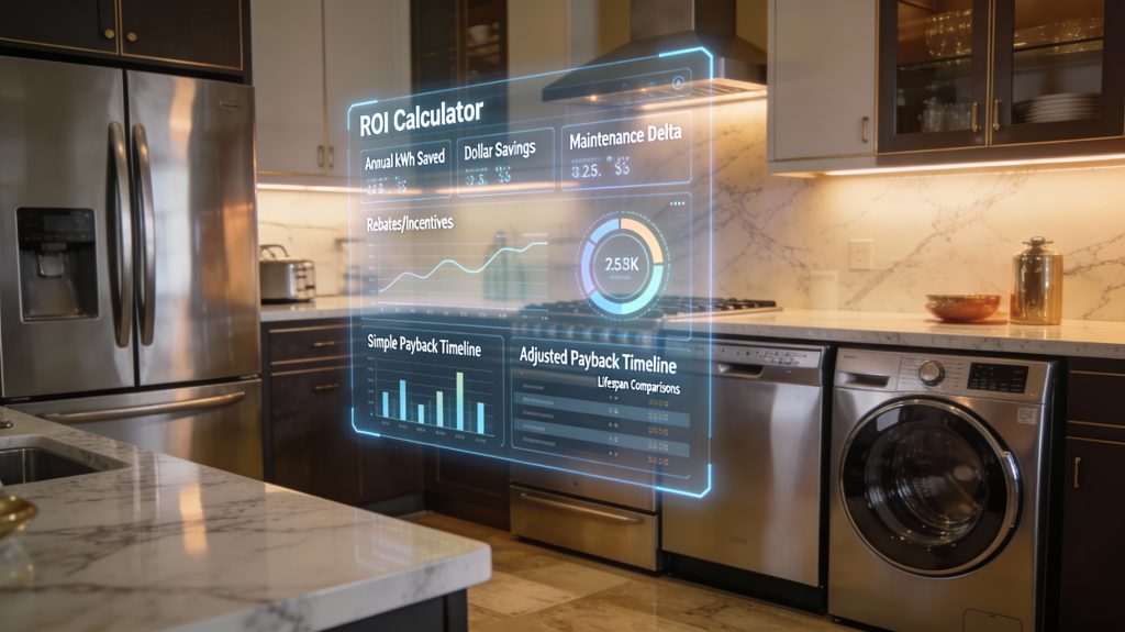 luxury smart appliances in a high-end home showing a holographic ROI calculator with energy savings, payback, maintenance, and incentives