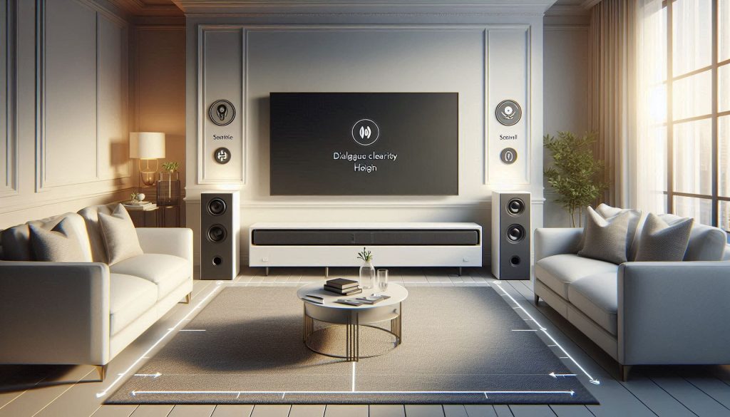 White compact soundbar below wall-mounted TV with seating distance and ear-level icons, optional subwoofer, and hearing-aid compatible Bluetooth in a modern living room
