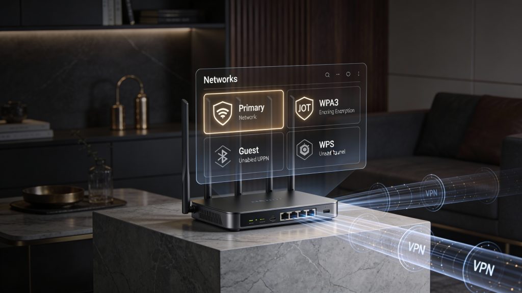 Luxury home router security setup illustrating encrypted wi-fi, network segmentation, and protected smart appliances.