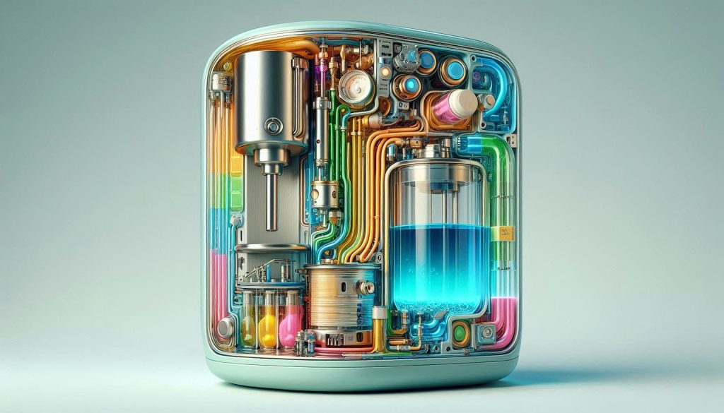 Cutaway of a smart coffee machine showing descaling fluids flowing through internal components