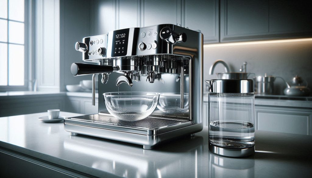 Breville Barista Touch espresso machine prepared for safe descaling with water container and accessories.