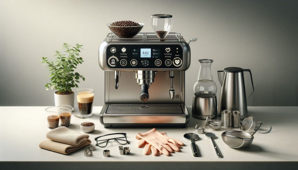 Smart espresso machine powered off with emptied reservoir and drip tray, surrounded by gloves, measuring cup, funnel, and descaler container, illustrating safety preparation before maintenance.
