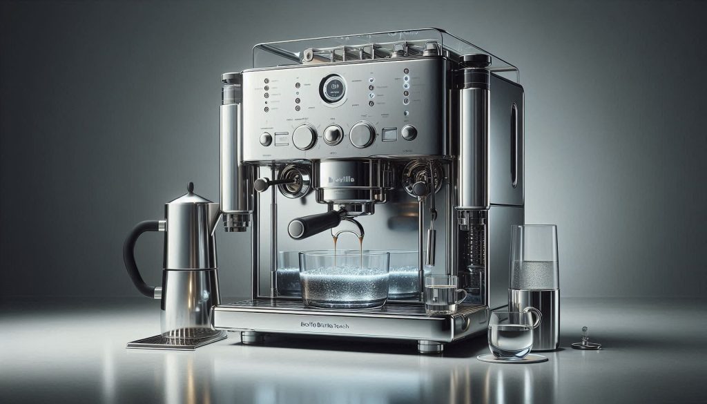 Luxury espresso machine with mineral scale context and water filtration accessories on a premium countertop.