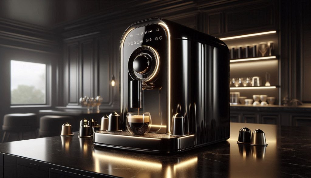 Premium specialty pod coffee machine on black marble countertop with glossy surfaces, LED accents, and metallic coffee pods nearby.