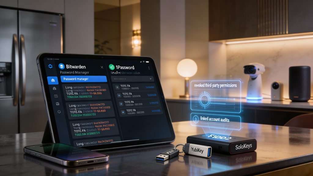 Luxury smart home devices secured with password manager, TOTP two-factor authentication, and hardware security keys, with holographic overlays showing account audits.
