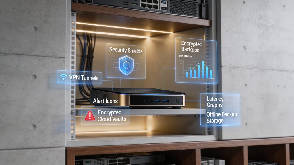 Luxury Matter hub security and monitoring setup with encrypted backups, metrics dashboards, and hardened network protection.