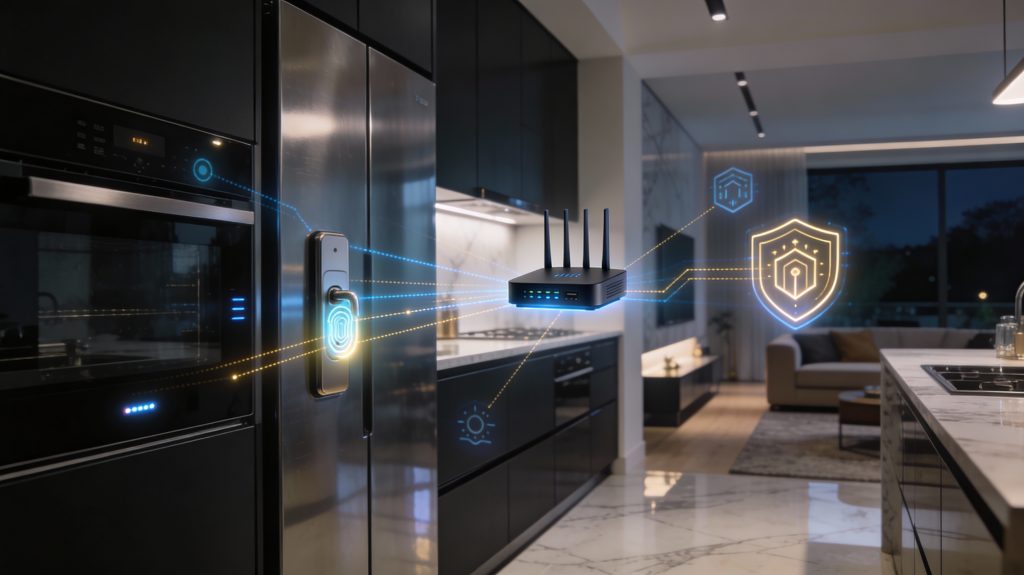 luxury smart home appliances protected by advanced cybersecurity and encrypted network controls