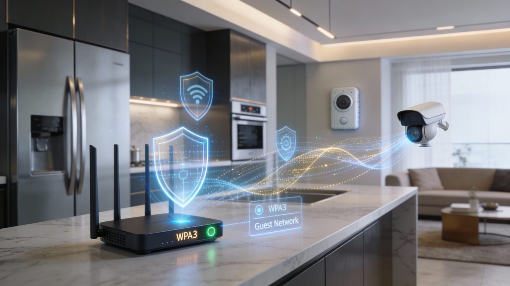 Luxury smart home interior showing connected appliances protected by digital security shields and encrypted network indicators.