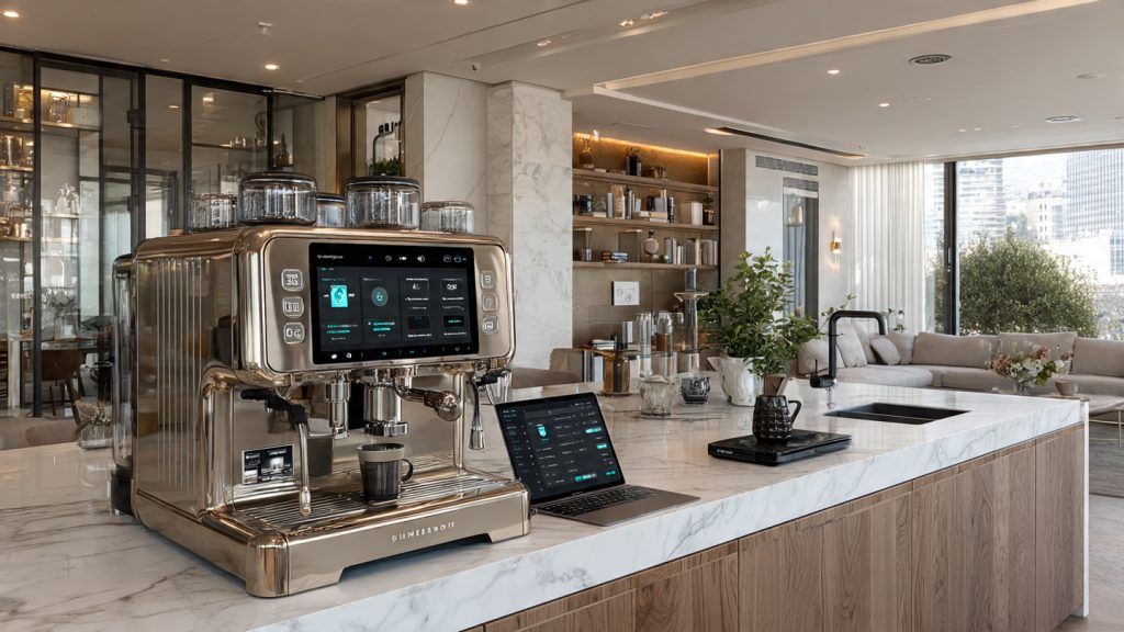 Luxury smart kitchen showing a connected coffee machine with a secure, segmented home network dashboard.